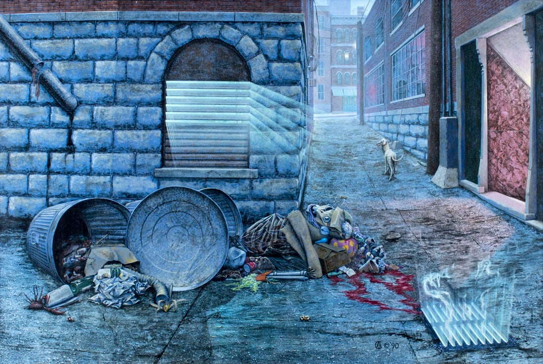 Alan Clark (OR,b 1957) acrylic painting: ARTIST: Alan Marshall Clark (Oregon, born 1957) NAME: Illustration - Garbage at Dawn (titled on verso) YEAR: 1990 MEDIUM: acrylic on board CONDITION: Very good. No visib