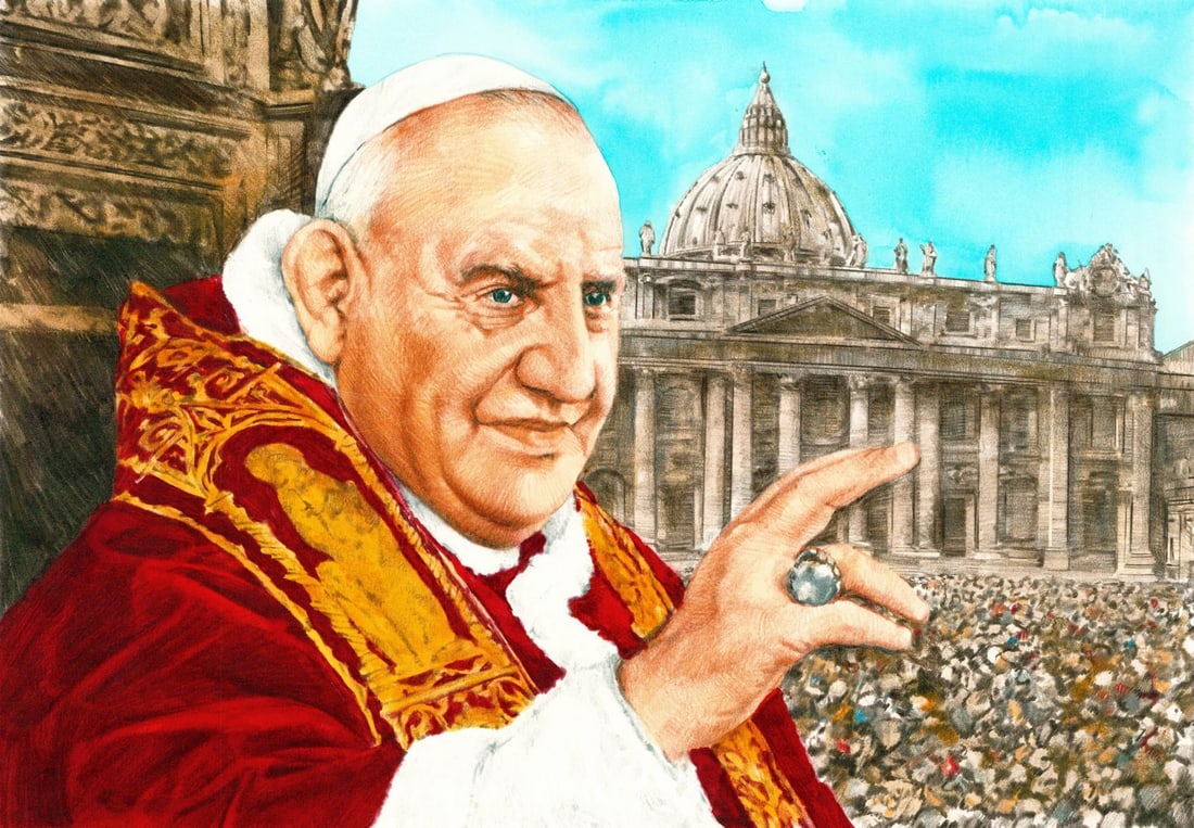 Paul Calle (CT,NY,1928-2010) colored pencil painting: ARTIST: Paul Calle (Connecticut, New York, 1928 - 2010) & Chris Calle (Connecticut, born 1961) TITLE: 1960s - Spirit of Ecumenism Renews Christianity, Portrait of Pope John XXIII (titled on verso) YEA