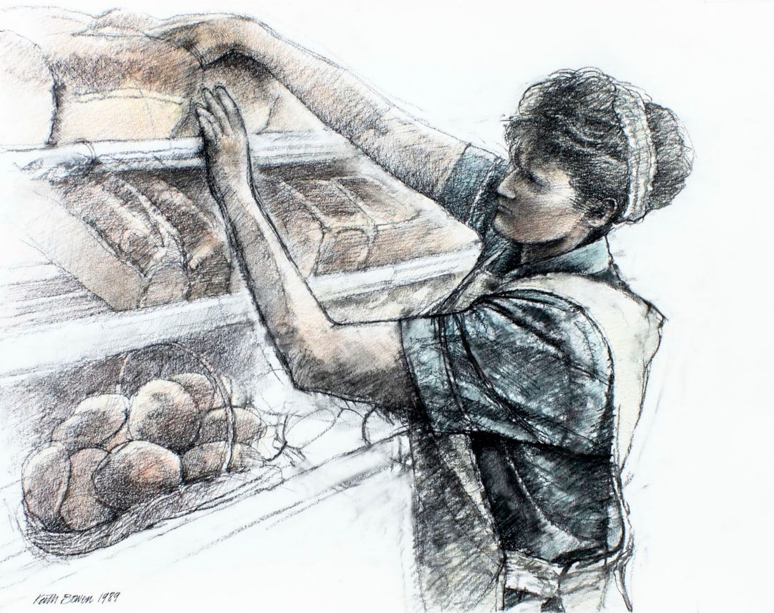 Keith Bowen (UK,b 1950) pastel painting: ARTIST: Keith Bowen (United Kingdom, born 1950) TITLE: Bread Seller YEAR: 1989 MEDIUM: pastel on paper CONDITION: Minor damage to the upper left corner.