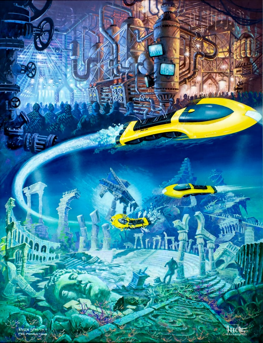 Reggie Stanton (US,20/21C) gouache painting: ARTIST: Reggie Stanton (American, 20/21 centuries) TITLE: Underwater Exploration Concept Art MEDIUM: gouache on board CONDITION: Some small damages to corners. Few pinholes.