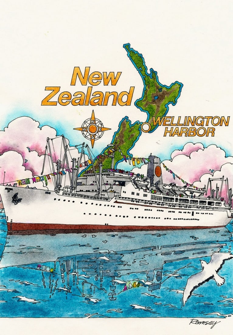 Bill Ramsey (US,b 1951) watercolor painting: ARTIST: Bill Ramsey (American, born 1951) TITLE: Wellington Harbor, New Zeland (titled on verso) YEAR: 1980 MEDIUM: watercolor on board CONDITION: Overal