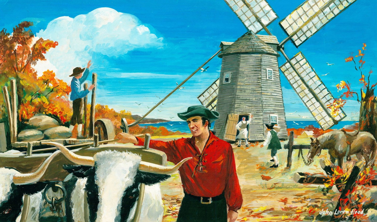 John Head (VA,1913-1997) gouache painting: ARTIST: John Loren Head (Virginia, 1913 - 1997) TITLE: Illustration - Colonial Windmill Farm MEDIUM: gouache on board CONDITION: Some small damages to corners. Minor paint l