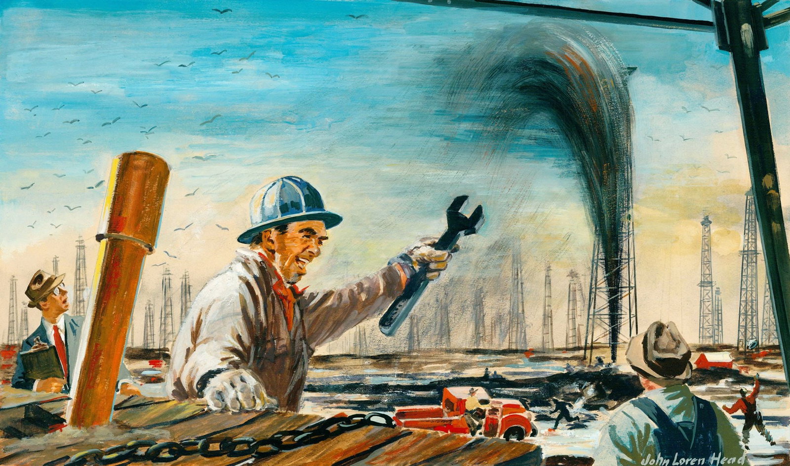 John Head (VA,1913-1997) gouache painting: ARTIST: John Loren Head (Virginia, 1913 - 1997) TITLE: Illustration - Oil Field MEDIUM: gouache on board CONDITION: Minor damages to corners. Minor paint losses. Some foxing