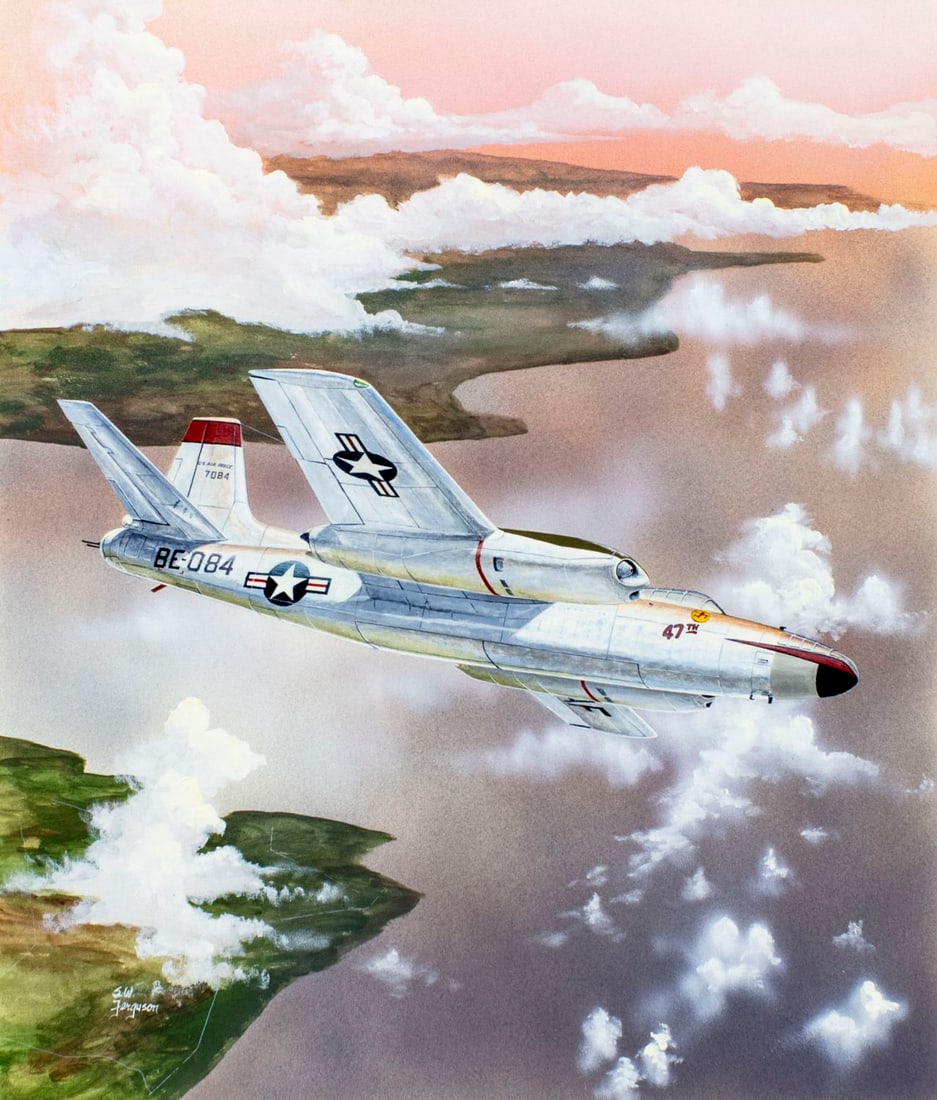 Steve Ferguson (US,b 1946) mixed media painting: ARTIST: Steve Ferguson (American, born 1946) TITLE: Plane - North American B-45 Tornado (titled on label) YEAR: 1991 MEDIUM: mixed media on board CONDITION:
