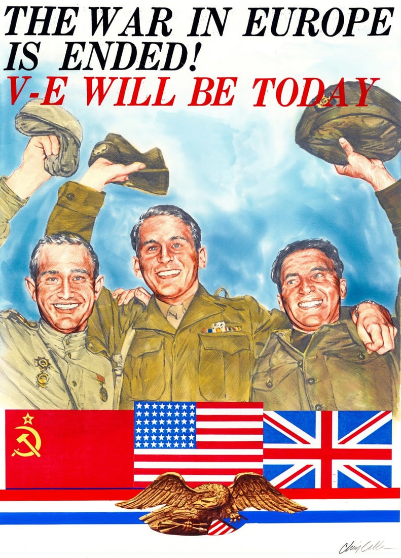Chris Calle (CT,b 1961) mixed media painting: ARTIST: Chris Calle (Connecticut, born 1961) TITLE: WWII - V-E Day (titled on verso) YEAR: 1995 MEDIUM: mixed media on board CONDITION: Minor damages to