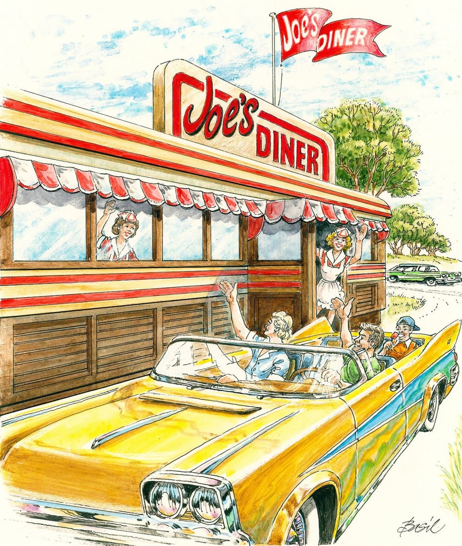 Basil Smith (UK,1925-2010) watercolor painting: ARTIST: Basil Smith (United Kingdom, 1925 - 2010) TITLE: 1950s Joes Diner (titled on verso) YEAR: 1998 MEDIUM: watercolor on board CONDITION: Some age to