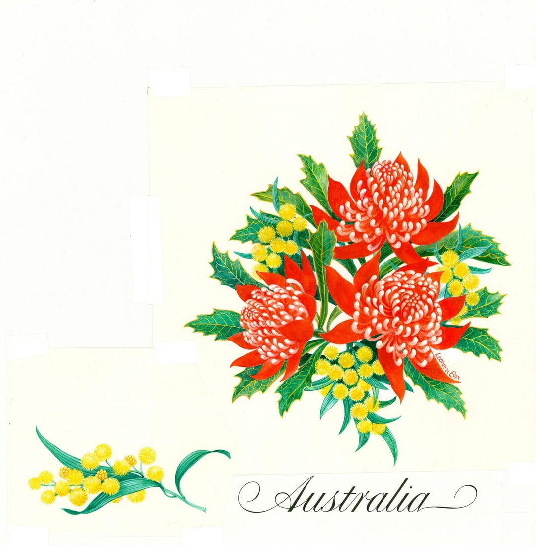Leonora Box (UK,1936-?) watercolor painting: ARTIST: Leonora Box (United Kingdom, 1936 - ???) TITLE: Queens 60th Birthday - Australia (titled on verso) YEAR: 1985 MEDIUM: watercolor on paper. Paper applied to board.<
