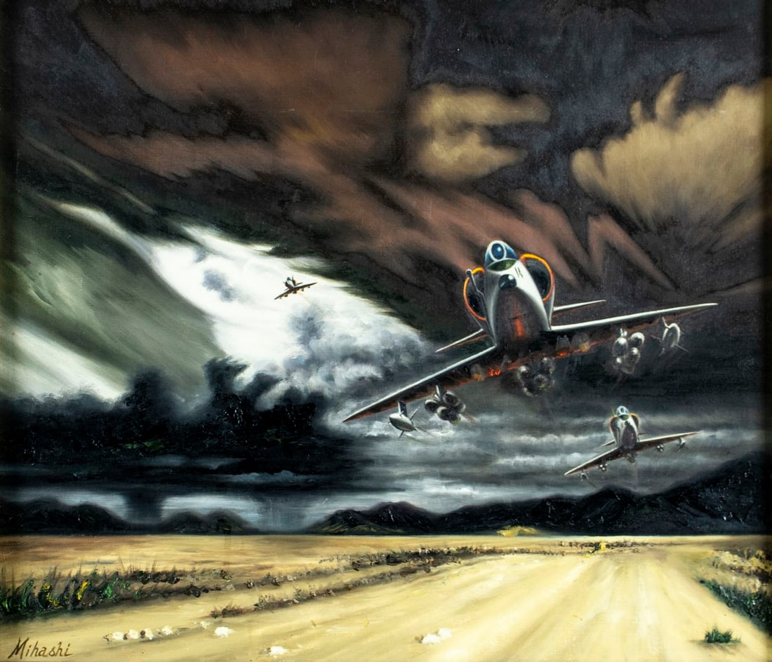 Mihashi (Japan,20C) oil painting: ARTIST: Mihashi (Japanese, 20 century) TITLE: Fighter Jets Planes MEDIUM: oil on canvas CONDITION: Few minor scratches/paint losses. No visible inpaint under UV light. Wear