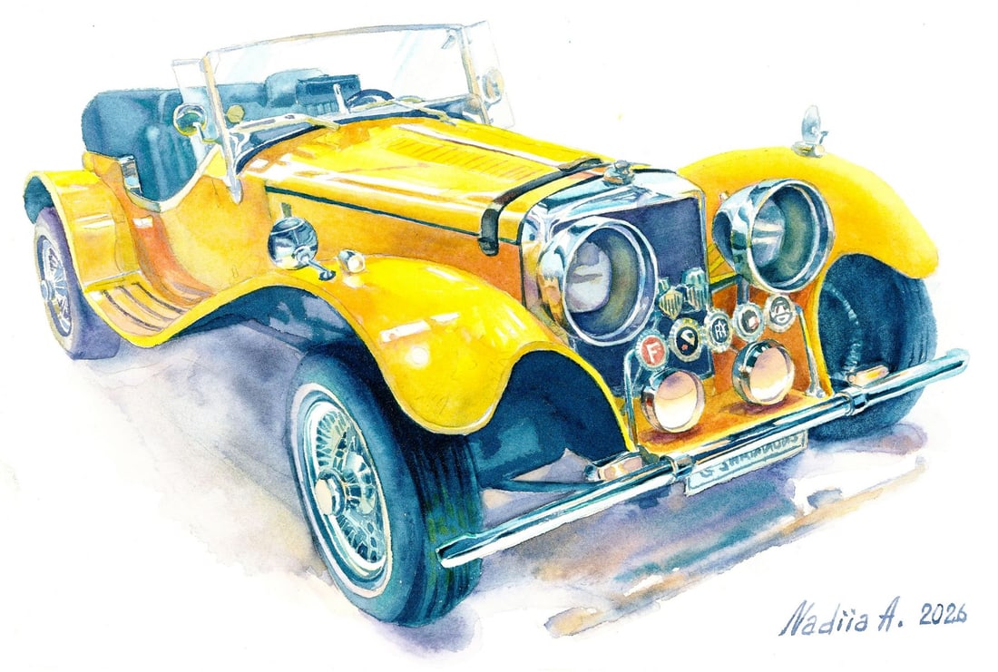 Nadya Afanasyenko (Ukraine,20/21C) watercolor painting: ARTIST: Nadya Afanasyenko (Ukraine, 20/21 centuries) TITLE: Car - Panther J72 (titled on verso) MEDIUM: watercolor on heavy paper CONDITION: Very good. ART SIZE:<