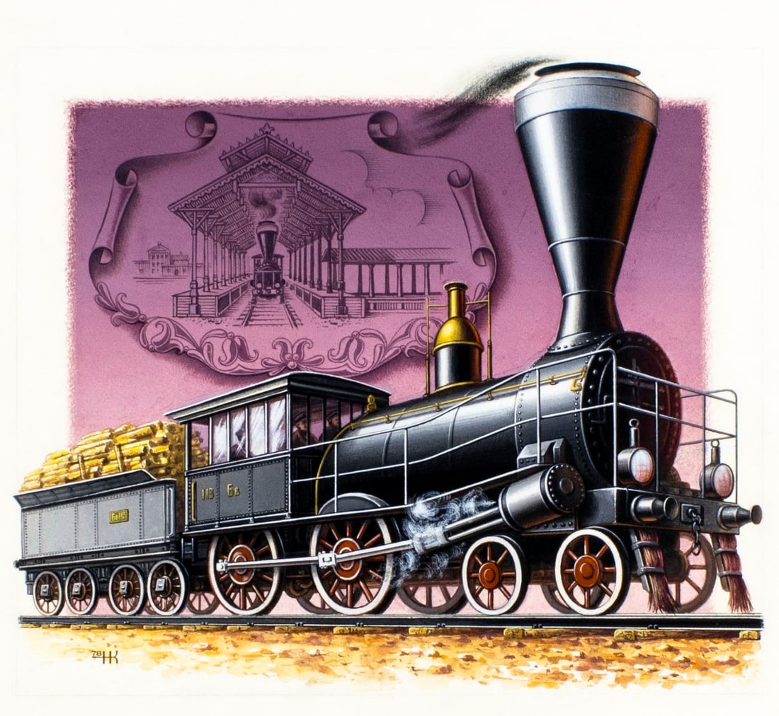 N Kolesnikov (Russia,20C) gouache painting: ARTIST: N Kolesnikov (Russian, 20 century) TITLE: Train - Locomotive Model 2-2-0, 1845 (titled on verso) YEAR: 1978 MEDIUM: gouache on paper. Paper applied to board.