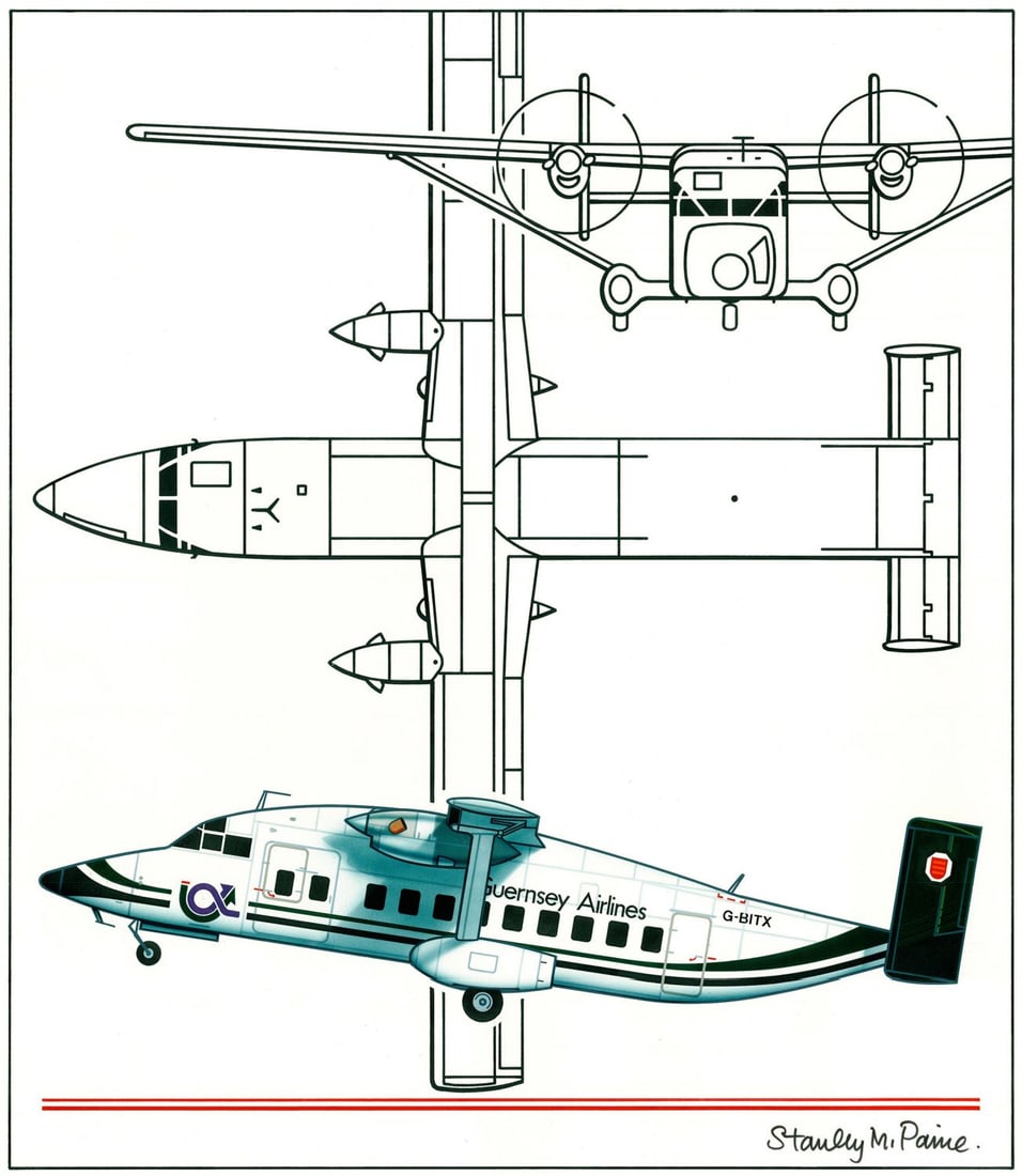 Stanley Paine (UK,1934-?) mixed media painting: ARTIST: Stanley M Paine (United Kingdom, 1934 - ???) TITLE: Illustration - Guernsey 1, Guernsey Airlines Shorts 330 Plane (titled on verso) YEAR: 1988 MEDIUM: mixed media