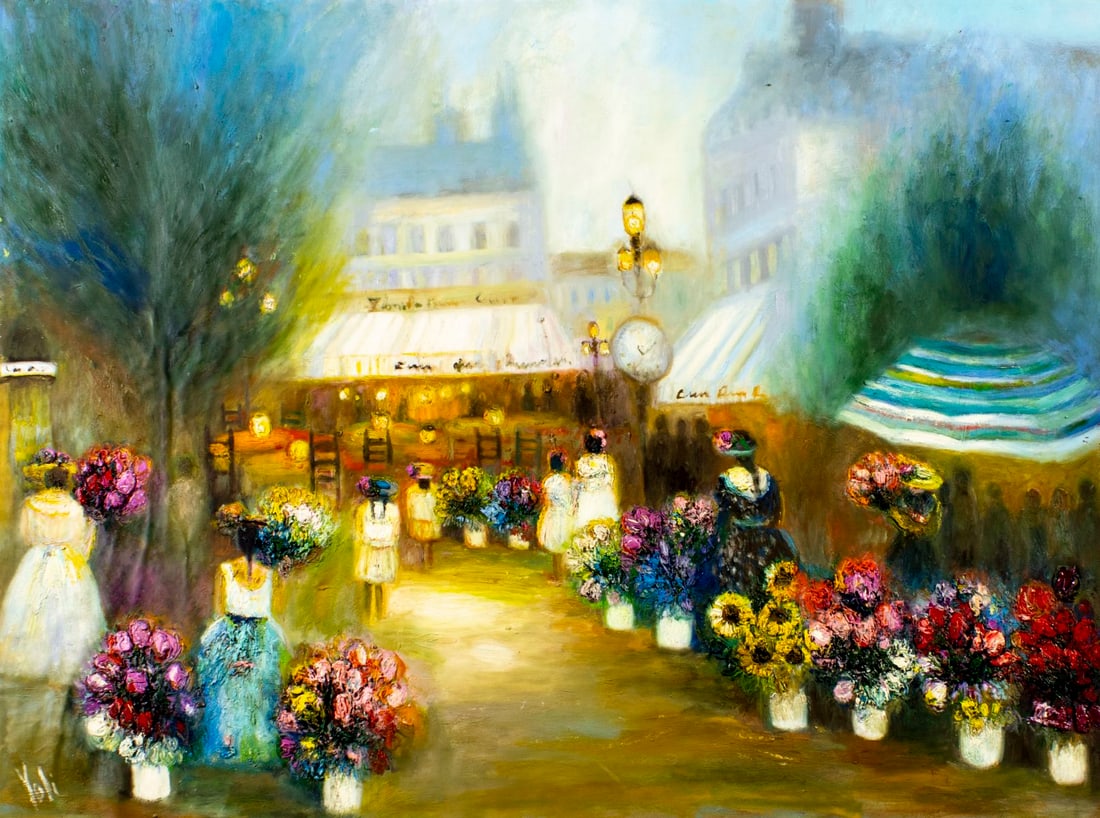 Yolanda Razzeto (Peru,1948-?) oil painting: ARTIST: Yolanda Razzeto (Peruvian, 1948 - ???) TITLE: Flower Market Scene MEDIUM: oil on canvas CONDITION: Unstretched (In-House stretching available). Some paint losses. So