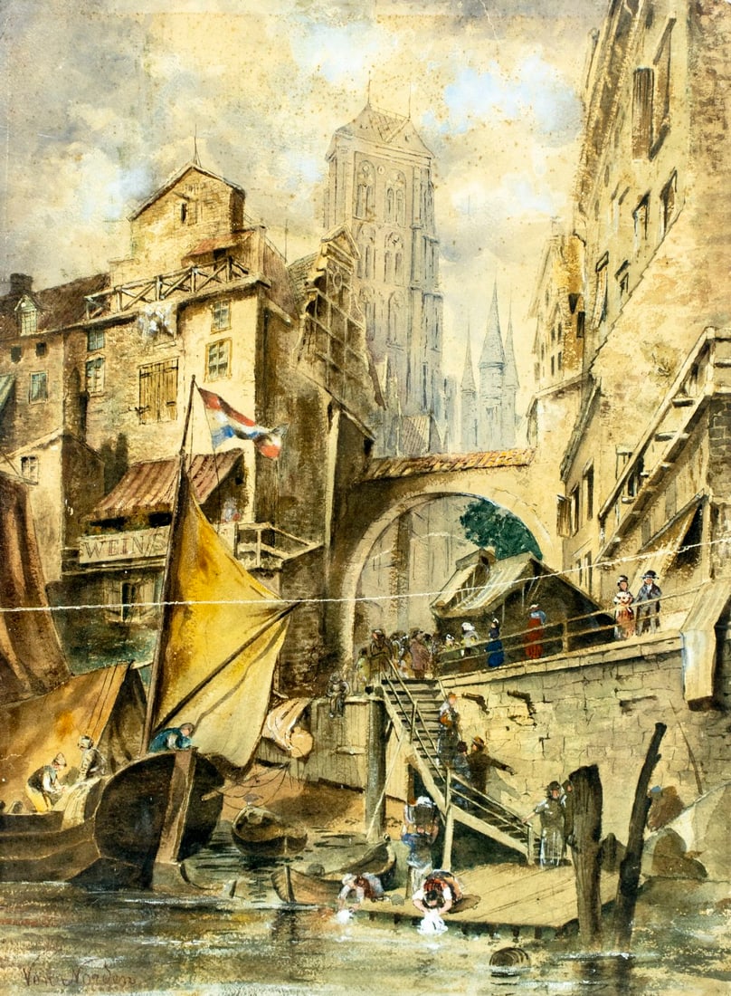 Van Norden (Dutch,19C) watercolor painting antique: ARTIST: Van Norden (Netherlands,19 century) TITLE: Dutch Cityscape MEDIUM: watercolor on paper. Paper applied to board. CONDITION: One repaired horizontal crack. Minor damag