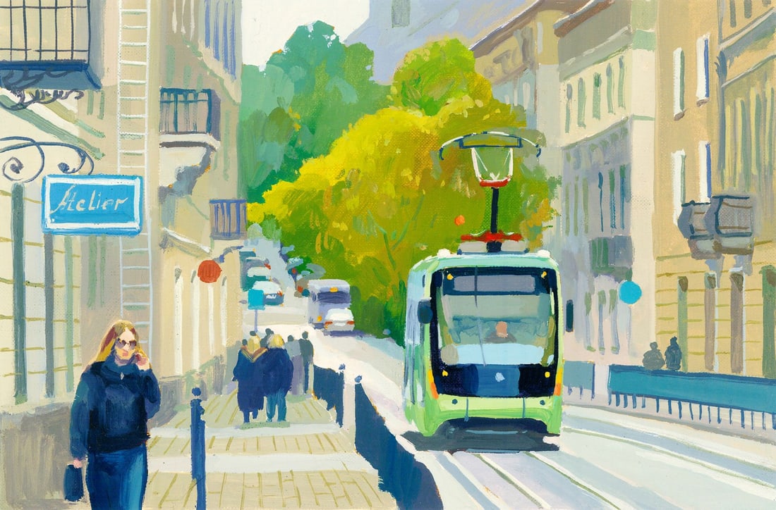 Anastasia Yaroshevich (Ukraine,20/21C) oil painting: ARTIST: Anastasia Yaroshevich (Ukraine, 20/21 centuries) TITLE: Cityscape with Tram MEDIUM: oil on heavy paper CONDITION: Very good. No visible inpaint under UV light.