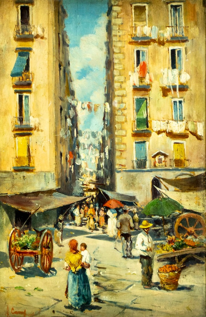 Antique early 20C Italian oil painting signed: ARTIST: - (Italy, early 20 century) TITLE: Italian Market Cityscape MEDIUM: oil on board CONDITION: Some small scratches/paint losses. Minor craquelure. No visible inpaint u