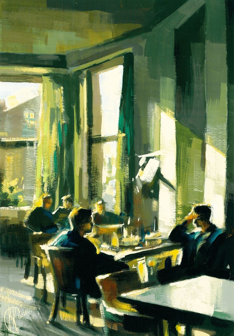 Ivanna Kotulych (Ukraine,20/21C) acrylic painting: ARTIST: Ivanna Kotulych (Ukraine, 20/21 centuries) TITLE: Cafe Interior MEDIUM: acrylic on heavy paper CONDITION: Very good. No visible inpaint under UV light. AR