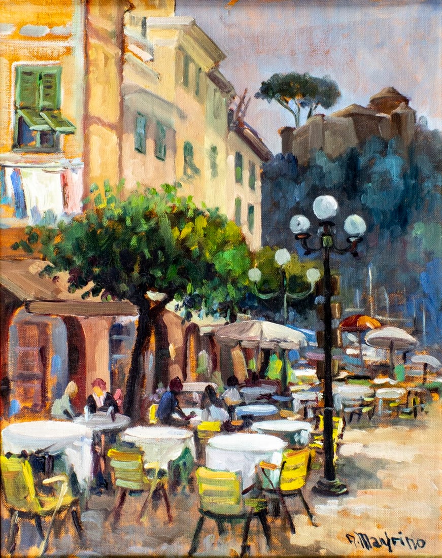 Antonio Manfrino (Italy,20C) oil painting: ARTIST: Antonio Manfrino (Italian, 20 century) TITLE: Cityscape - Caffe di Portofino, Italy (titled on verso) YEAR: 1980 MEDIUM: oil on canvas CONDITION: