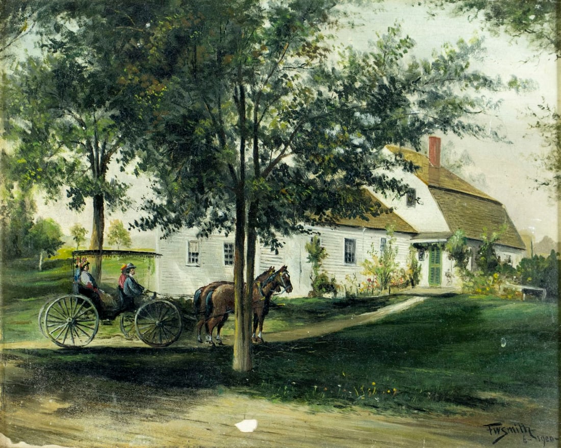 F W Smith (US,19/20C) oil painting antique: ARTIST: F W Smith (American, 19/20 centuries) TITLE: Town Scene with Horse Carriage YEAR: 1900 MEDIUM: oil on board CONDITION: Some paint losses mostly a