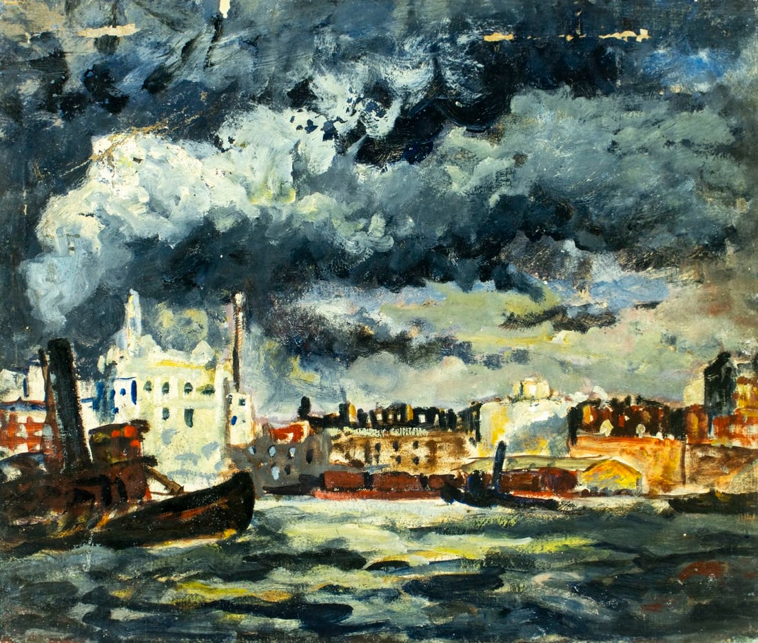 Vintage mid 20C American oil painting: ARTIST: - (United States, mid 20 century) TITLE: Harbor Cityscape with Boats MEDIUM: oil on canvas. Canvas applied to board. CONDITION: Some scratches/paint losses mostly by