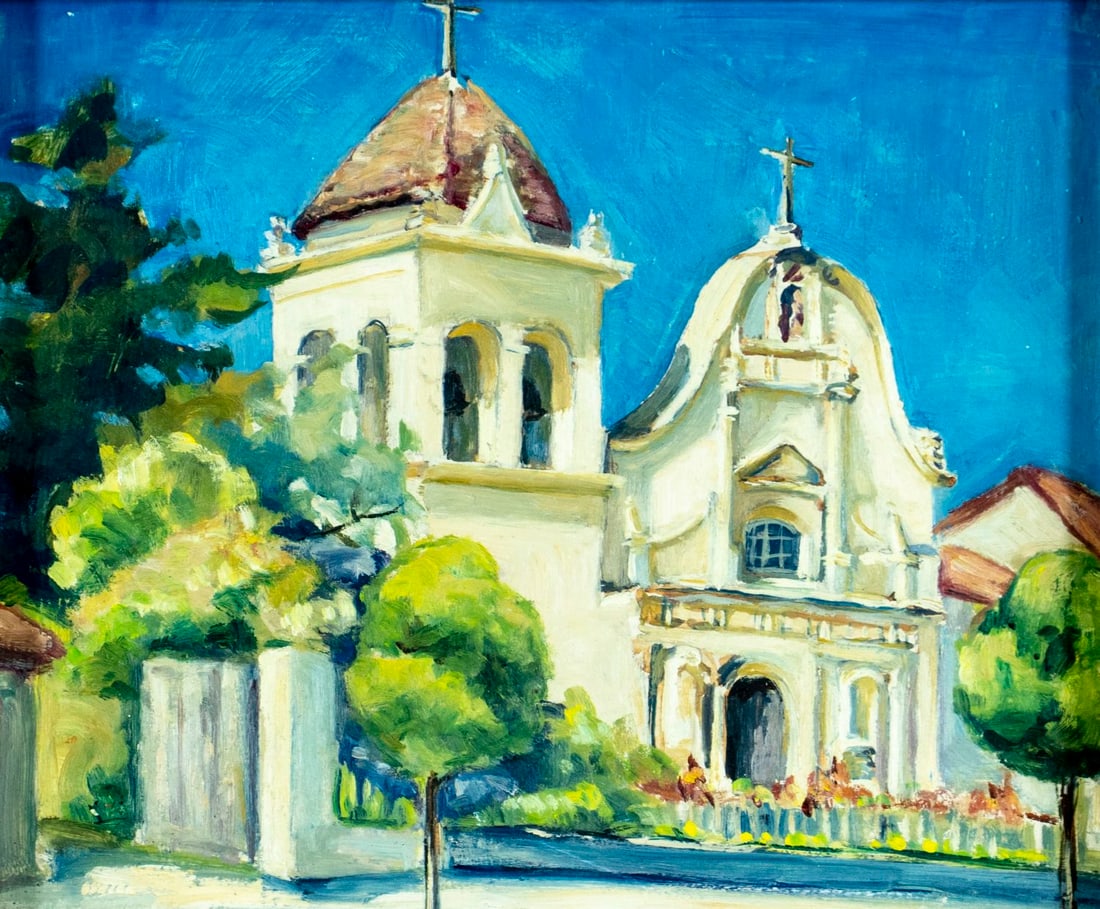 Vintage 20C California oil painting: ARTIST: - (California, 20 century) TITLE: Cityscape - The Cathedral of San Carlos Borromeo, Monterey, CA MEDIUM: oil on board CONDITION: Few minor paint losses. No visible i