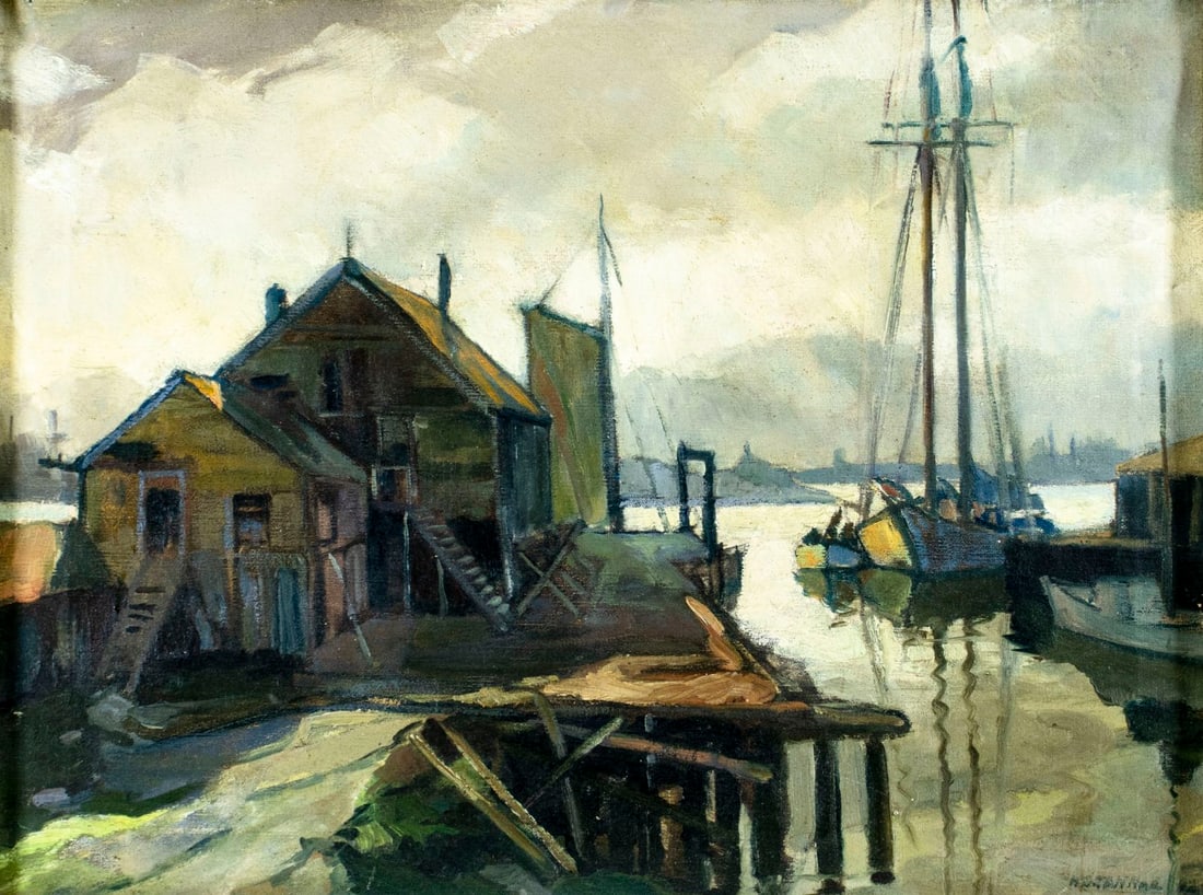 Harold Tannar (NJ,1904-1968) oil painting: ARTIST: Harold Drake Tannar (New Jersey, 1904 - 1968) TITLE: Harbor Scene MEDIUM: oil on canvas CONDITION: Minor scratches/paint losses mostly along edges. Some craquelur
