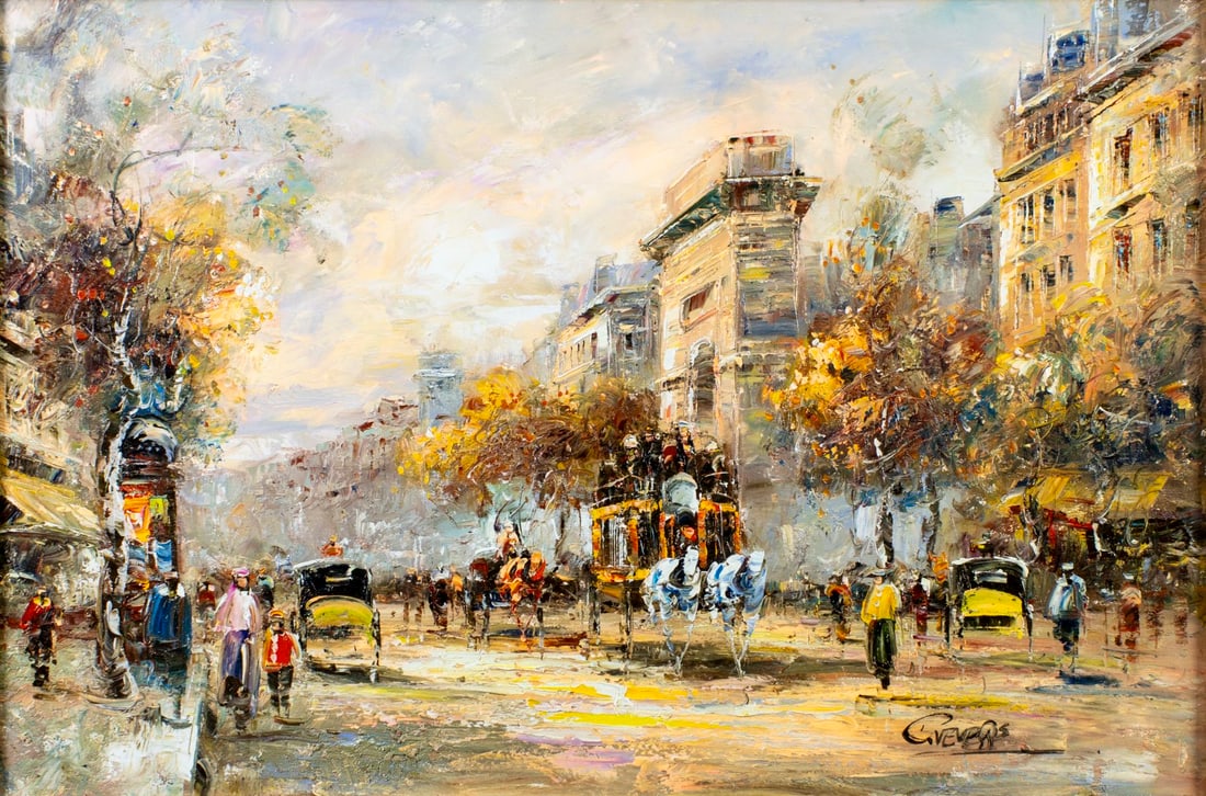 Christof Vevers (Europe,b 1962) oil painting: ARTIST: Christof Vevers (European, born 1962) TITLE: Paris Cityscape, France MEDIUM: oil on canvas CONDITION: Very good. No visible inpaint under UV light. ART SI