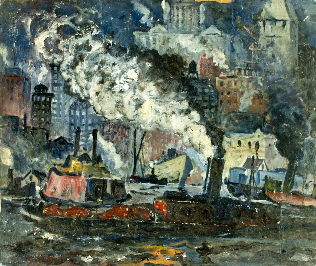 Vintage mid 20C American oil painting: ARTIST: - (United States, mid 20 century) TITLE: Industrial Harbor Cityscape with Tugboat MEDIUM: oil on canvas. Canvas applied to board. CONDITION: Some scratches/paint los