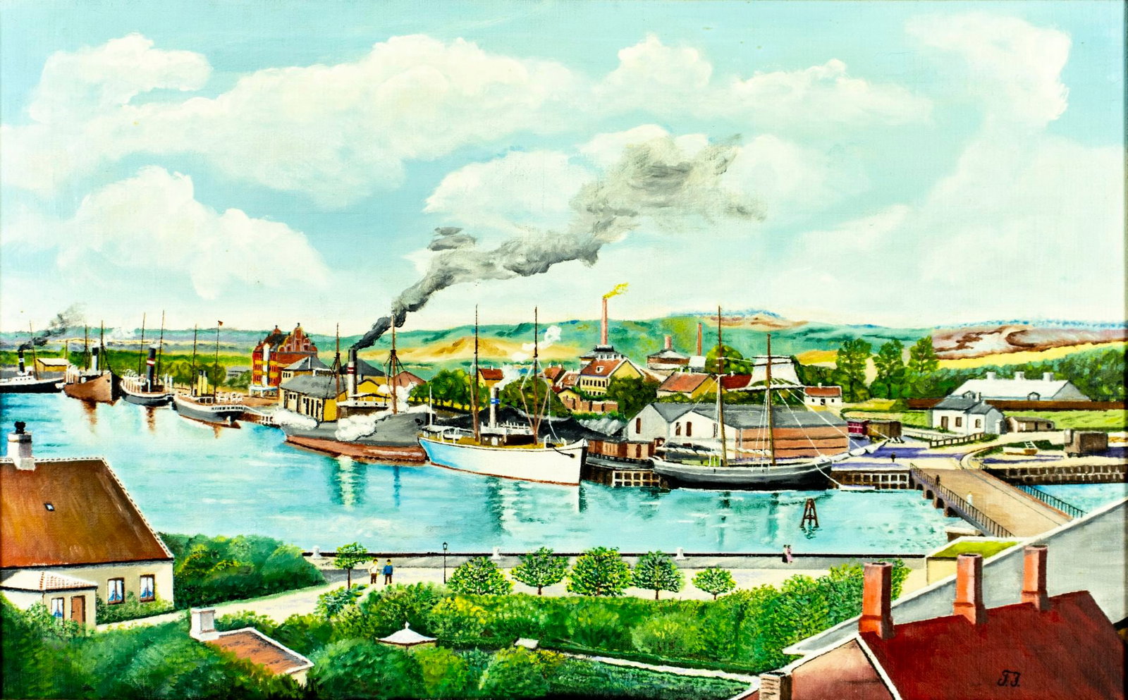 Vintage 20C Danish oil painting: ARTIST: - (Denmark, 20 century) TITLE: Harbor Cityscape with Steamships MEDIUM: oil on canvas CONDITION: Minor staining. Minor craquelure. One pinhole to the left edge. No v