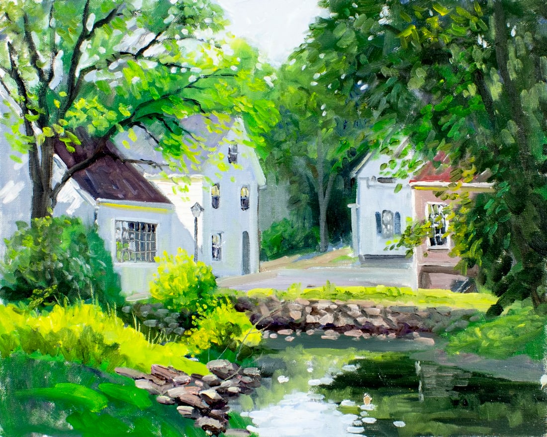 George Holloway (NJ,20C) oil painting: ARTIST: George Holloway (New Jersey, 20 century) TITLE: Town Landscape MEDIUM: oil on canvas board CONDITION: Some paint losses by the lower edge. No visible inpaint under U