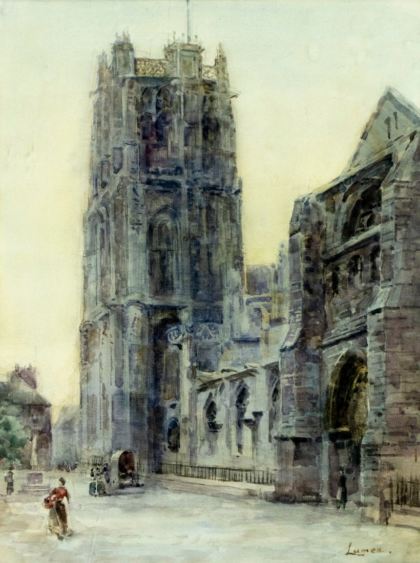 Lumea (Europe,early 20C) watercolor painting antique: ARTIST: Lumea (European, early 20 century) TITLE: Cathedral Cityscape MEDIUM: watercolor on paper CONDITION: Some age toning. Framed under glass. The glass has a crack. Wear