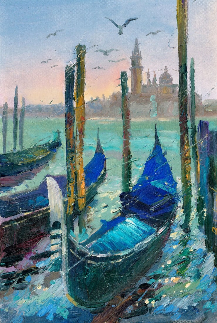 Volodymyr Budenkevych (Ukraine,20/21C) oil painting: ARTIST: Volodymyr Budenkevych (Ukrainian, 20/21 centuries) TITLE: Sunset Venice Harbor Scene MEDIUM: oil on heavy paper CONDITION: Very good. No visible inpaint under UV lig