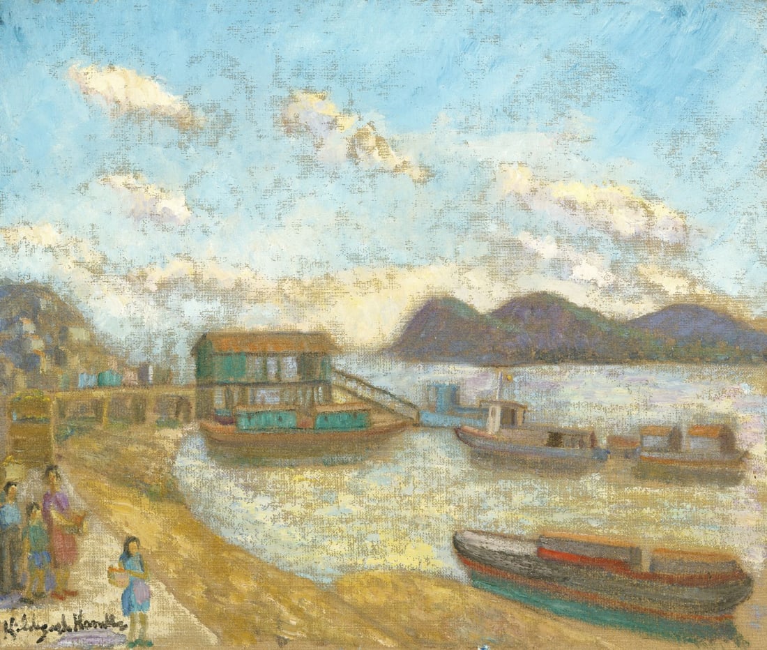Hildegarde Hamilton (FL,VA,1898-1970) oil painting: ARTIST: Hildegarde Hume Hamilton (Florida, Virginia, 1898 - 1970) TITLE: Guayaquil Harbor Scene, Equador (titled on verso) MEDIUM: oil on canvas CONDITION: Unstretched (I