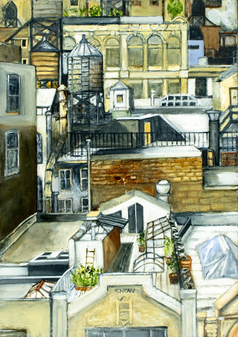 Matthew Snow (US,20C) oil painting: ARTIST: Matthew Snow (American, 20 century) TITLE: Cityscape MEDIUM: oil on board CONDITION: Overall good. No visible inpaint under UV light. Wear to frame. ART S