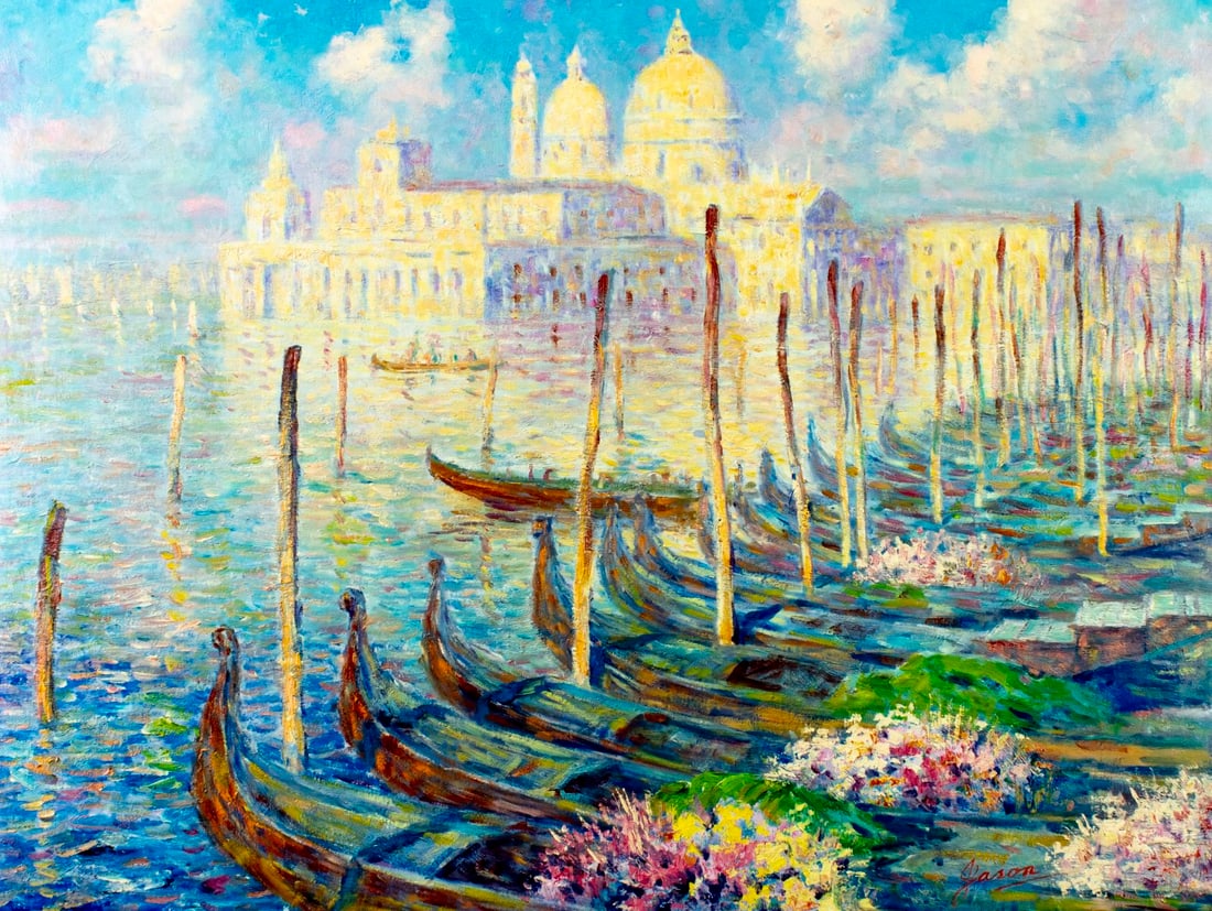 H Jason (Europe,20C) oil painting: ARTIST: H Jason (European, 20 century) TITLE: Venice Canal Cityscape with Gondolas, Italy MEDIUM: oil on canvas CONDITION: Unstretched (In-House stretching available) (In-Ho