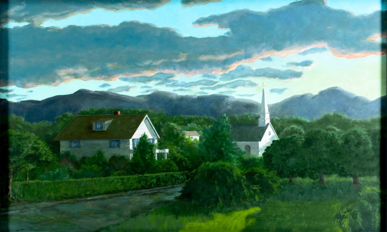 Vintage 20C American oil painting: ARTIST: - (American, 20 century) TITLE: Mountain Town Landscape MEDIUM: oil on board CONDITION: Few minor paint losses by the lower edge. No visible inpaint under UV light
