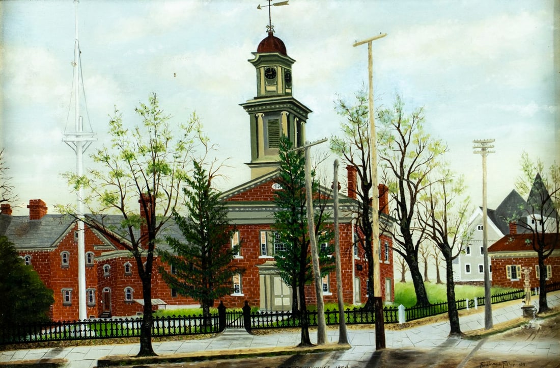 Ferdinand Fisher (US,early 20C) oil painting antique: ARTIST: Ferdinand Fisher (American, early 20 century) TITLE: Old Court House Cityscape YEAR: 1911 MEDIUM: oil on canvas CONDITION: Minor paint losses mos