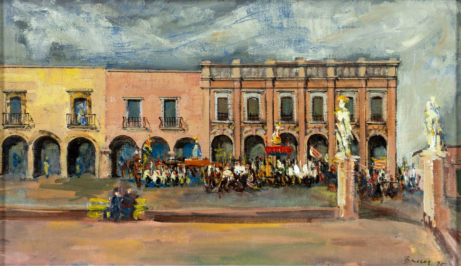 Albert Bela Bauer (Hungary,1899-1998) oil painting: ARTIST: Albert Bela Bauer (Hungarian, 1899 - 1998) TITLE: Town Square YEAR: 1975 MEDIUM: oil on canvas CONDITION: One pinhole. No visible inpaint under