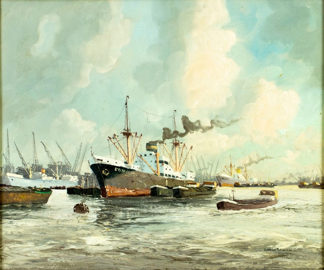 M Headermann (US,20C) oil painting: ARTIST: M Headermann (American, 20th Century) TITLE: Harbor Scene MEDIUM: oil on canvas CONDITION: One small patch-repaired nail hole with corresponding paint losses. Minor