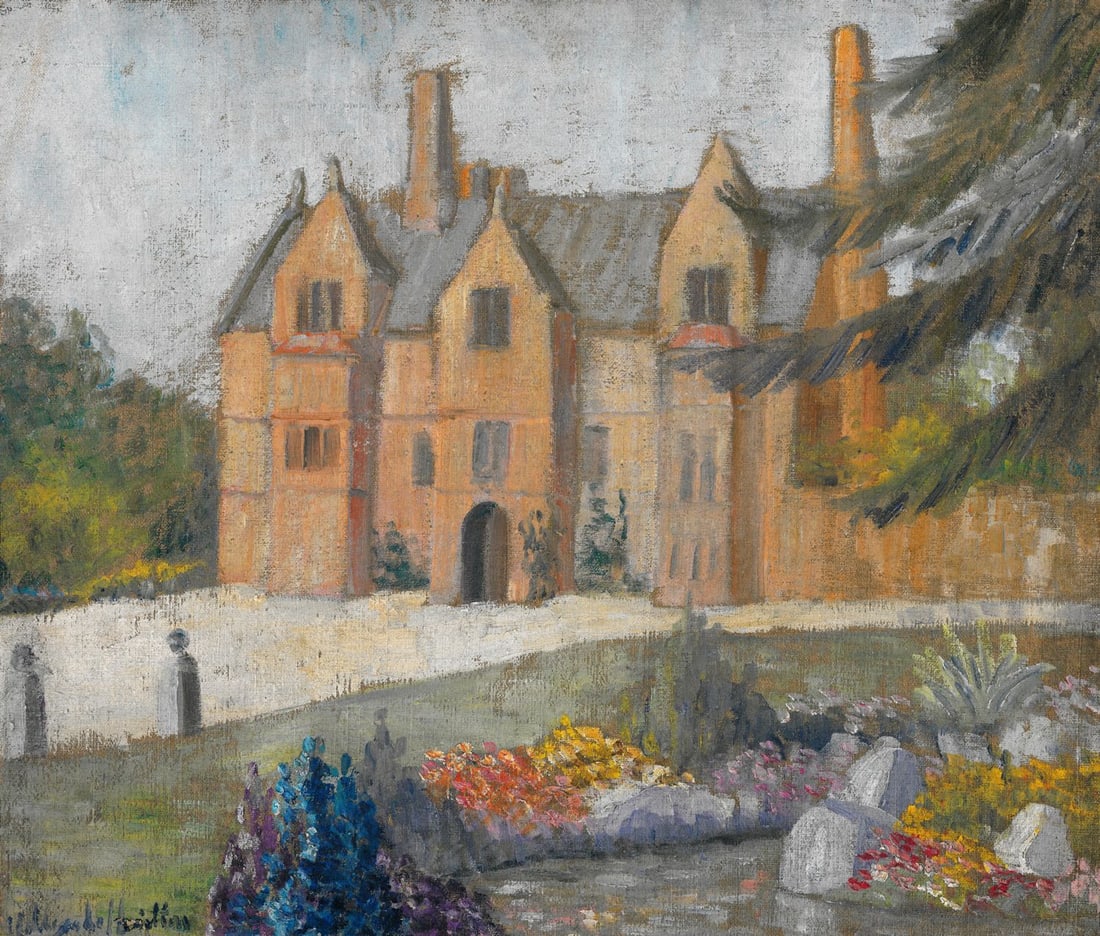 Hildegarde Hamilton (FL,VA,1898-1970) oil painting: ARTIST: Hildegarde Hume Hamilton (Florida, Virginia, 1898 - 1970) TITLE: Landscape with Mansion MEDIUM: oil on canvas CONDITION: Unstretched (In-House stretching available).