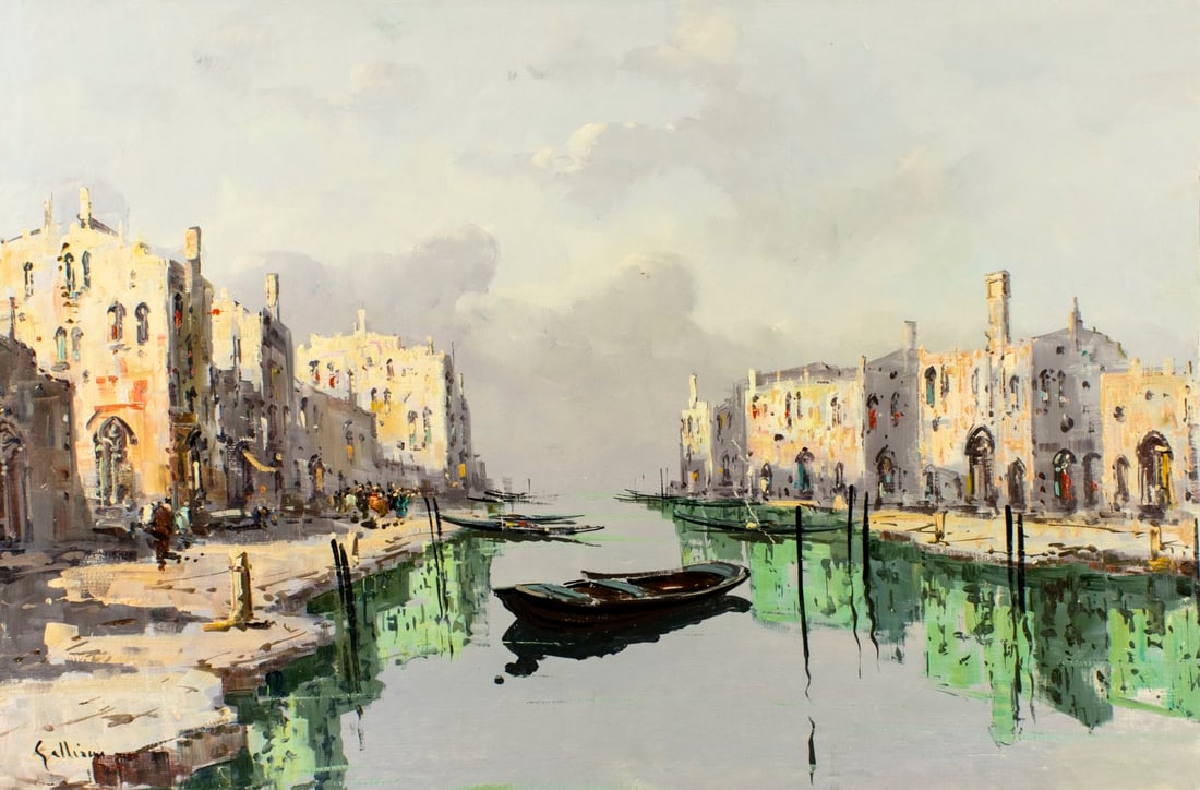 F Galliani (Italy,1914-?) oil painting: ARTIST: F Galliani (Italian, 1914 - ???) TITLE: Venice Canal Cityscape, Italy MEDIUM: oil on canvas CONDITION: Unstretched (In-House stretching available) (In-House stretc