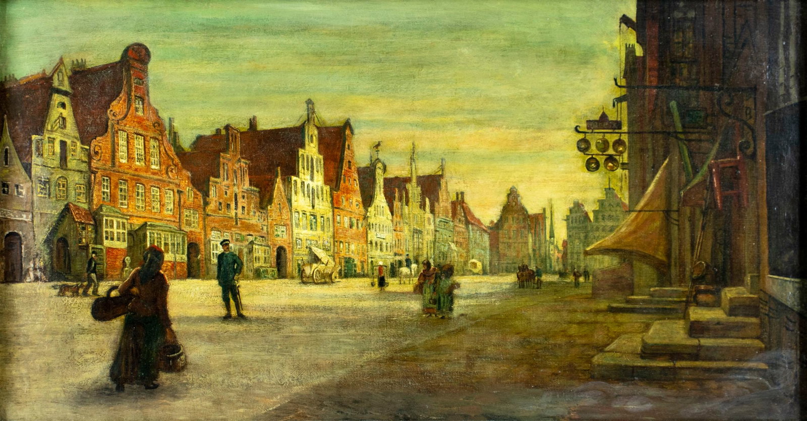 Antique 19C English oil painting: ARTIST: - (United Kingdom, 19 century) TITLE: English Cityscape MEDIUM: oil on canvas CONDITION: Few small patches. Few minor paint losses mostly along edges. Some craquelur