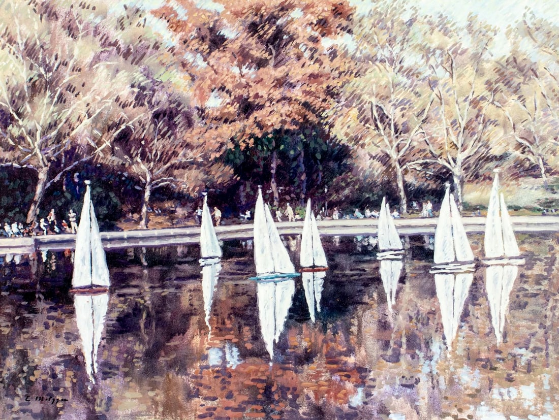 Evelyn Metzger (NY,Brazil,1911-2007) oil painting: ARTIST: Evelyn Borchard Metzger (New York, Brazilian, 1911 - 2007) TITLE: Pond Landscape with Sailboats, Central Park, NY MEDIUM: oil on board CONDITION: Overall good. No