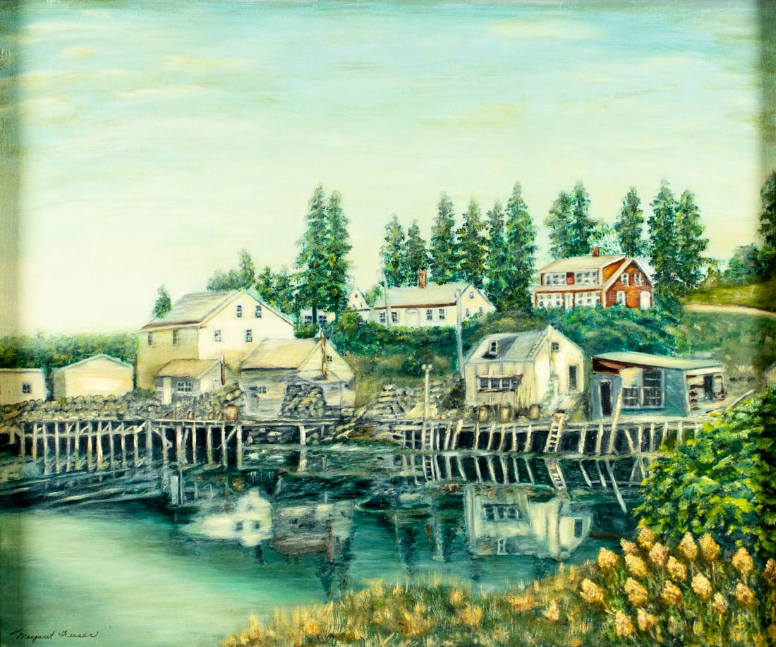 Margaret Freeser (ME,20C) oil painting: ARTIST: Margaret Freeser (Maine, 20 century) TITLE: Port Clyde Cityscape, Maine (titled on verso) MEDIUM: oil on canvas board CONDITION: Few minor paint losses mostly in the