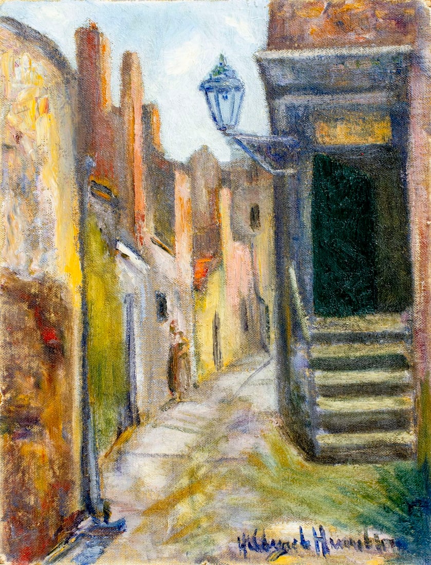 Hildegarde Hamilton (FL,VA,1898-1970) oil painting antique: ARTIST: Hildegarde Hume Hamilton (Florida, Virginia, 1898 - 1970) TITLE: Goodwyn Court, London, UK (titled on verso) YEAR: 1946 MEDIUM: oil on canvas CONDITION: