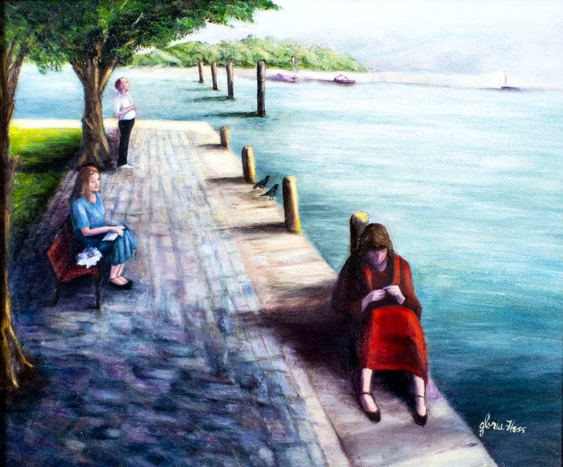 Gloria Hess (FL,20C) oil painting: ARTIST: Gloria Hess (Florida, 20 century) TITLE: Coastal Scene - Sunday Afternoon, Italy (titled on label) YEAR: circa 1984 MEDIUM: oil on canvas CONDITION: