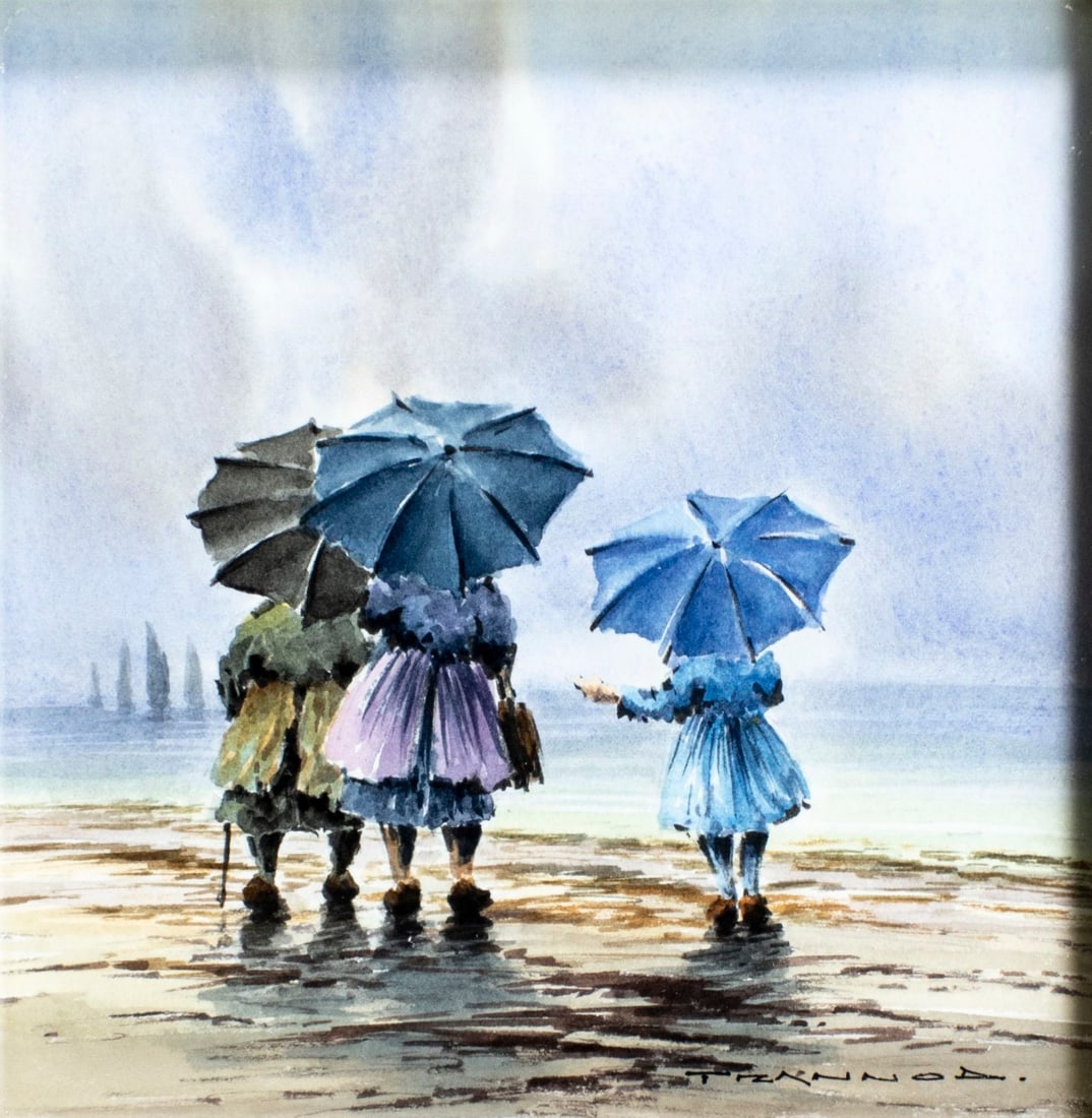 Michel Trannod (France,1931-?) watercolor painting: ARTIST: Michel Trannod (French, 1931 - ???) TITLE: People with Umbrellas MEDIUM: watercolor on paper CONDITION: Very good. Framed under glass. ART SIZE: