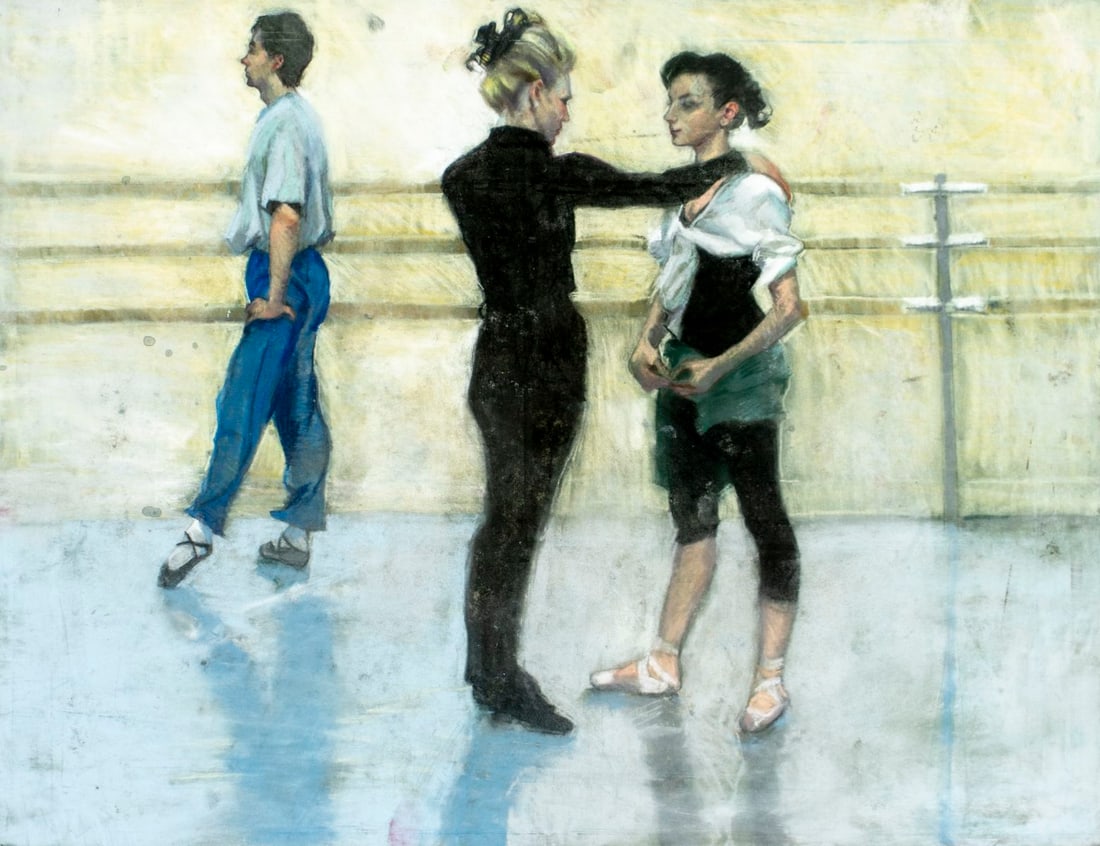 Rhoda Yanow (NJ,20C) pastel painting: ARTIST: Rhoda Yanow (New Jersey, 20 century) TITLE: Dance Lesson MEDIUM: pastel on heavy paper CONDITION: Minor age toning. Some scratches/paint losses. ART SIZE: