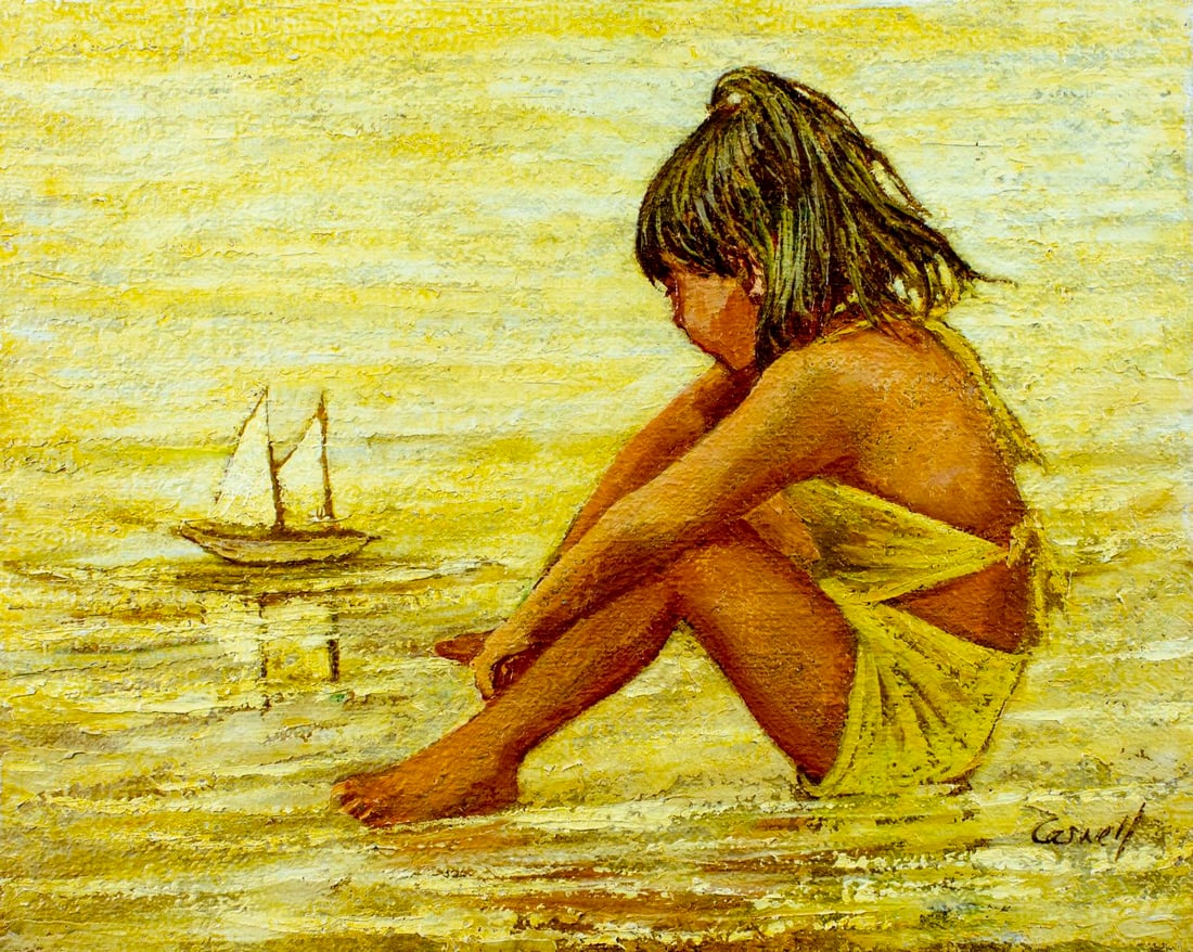 Helen Caswell (CA,1923-?) oil painting: ARTIST: Helen Rayburn Caswell (California, 1923 - ???) TITLE: Girl with Toy Ship MEDIUM: oil on canvas CONDITION: Unstretched (In-House stretching available) (In-House str