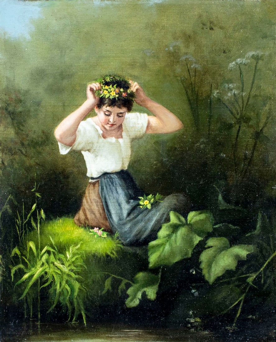Antique 19C American oil painting: ARTIST: - (American, 19 century) TITLE: Girl with Wreath MEDIUM: oil on canvas CONDITION: Relined. Some scattered inpaintings. ART SIZE: 10 x 8 inches