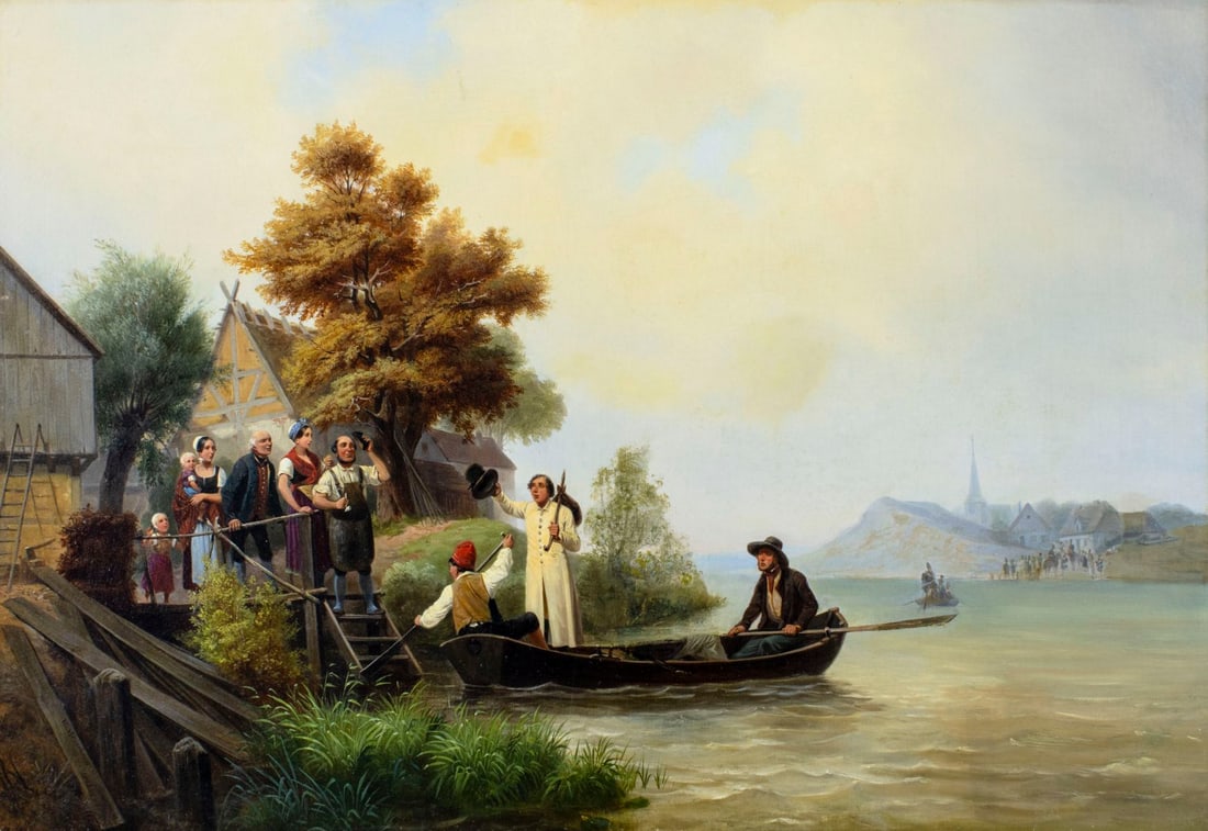 Wilhelm Meyerheim (German,1815-1882) oil painting antique: ARTIST: Wilhelm Alexander Meyerheim (Germany, 1815 - 1882) TITLE: Farewell YEAR: 1845 MEDIUM: oil on canvas CONDITION: Relined. Few minor paint losses